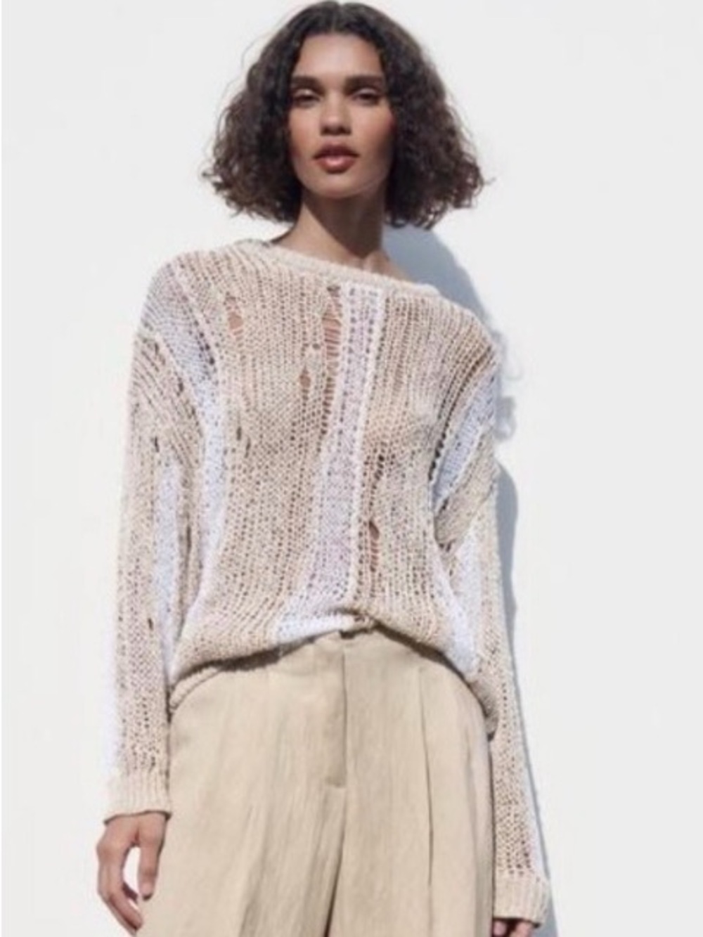 Zara Open-Knit Ecru & White Crewneck Sweater Size M